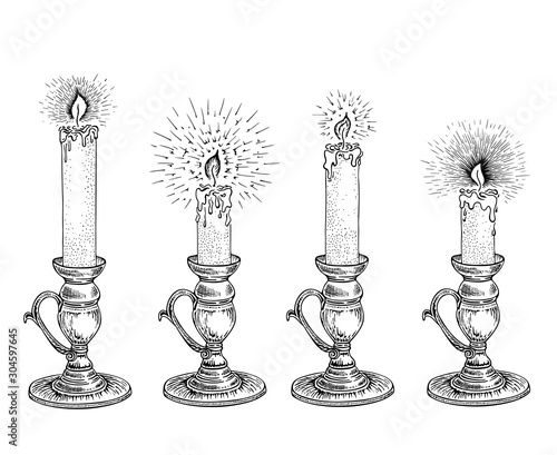 Candle sketch set. Hand drawn vector illustration of a burning candle with rays of light in vintage style
