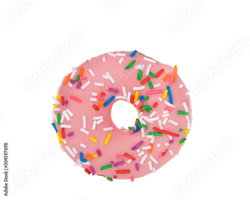 top view one cake donut frosted strawberry glaze with candy sprinkles, isolated on white background.