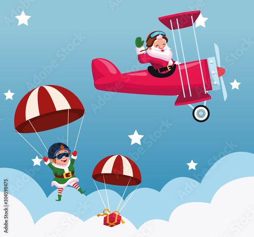 cartoon santa claus flying in a airplane and parachutes with christmas elf and gift box