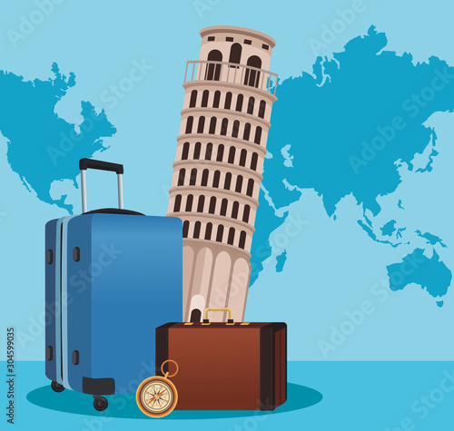 pisa tower with travel suitcases and compass, colorful design