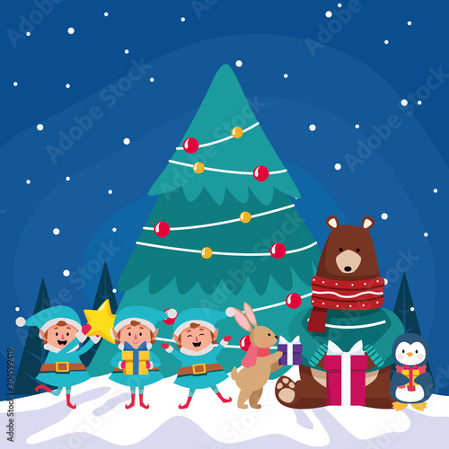 christmas tree with cute animals and santas helpers around