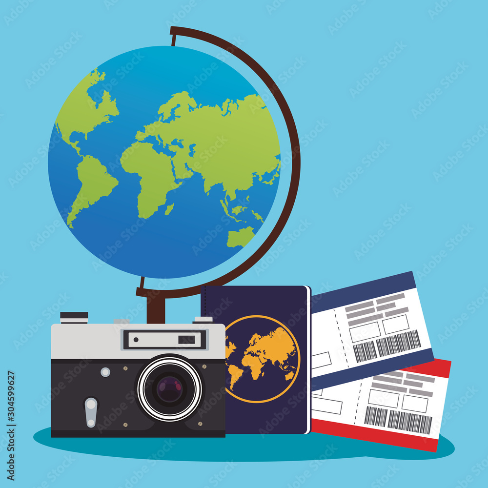 globe and camera with passboards and passport - obrazy, fototapety, plakaty 