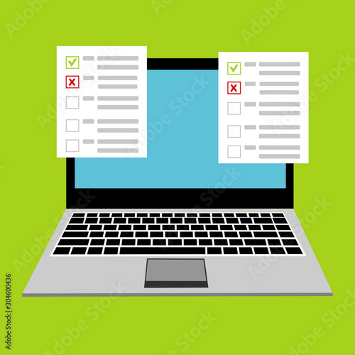 Online survey, form, checklist on computer screen. Vector illustration. Flat design. Questionnaire, online form concepts. Can be used for workflow layout template, banner, marketing, infographics.