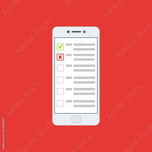 Checklist on smartphone screen. One hand holds smartphone and finger touch screen. Flat vector illustration.Can be used for workflow layout template, banner, marketing, infographics.