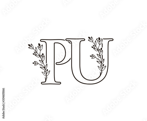 Letter P, U and PU Vintage Floral Logo Icon, Hand Drawn Flower Design.