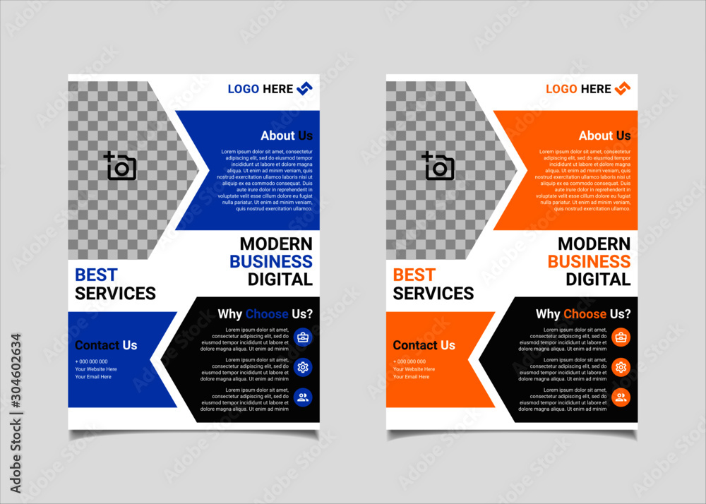 Business flyer template vector design, A4 brochure template blue and amber geometry shapes used for business poster layout, IT Company flyer, corporate banners, and leaflets