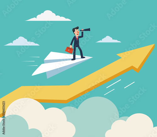 Businessman flying on paper plane over  growing graph arrow and looking in spyglass. Young man searching for new opportunity
