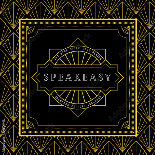 Art Deco logo design with seamless pattern. Pattern tile is included in the swatches panel.