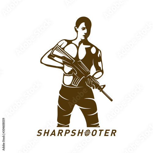 Sniper vector logo design concept style, Sharpshooter Style Concept logo Template, emblem and tshirt printing. sniper illustration for sport team.
