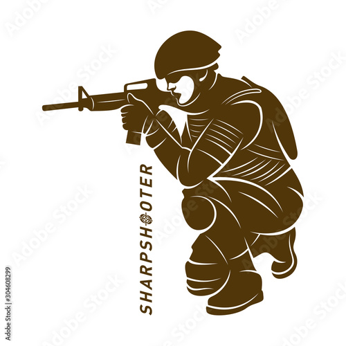 Sniper vector logo design concept style, Sharpshooter Style Concept logo Template, emblem and tshirt printing. sniper illustration for sport team.