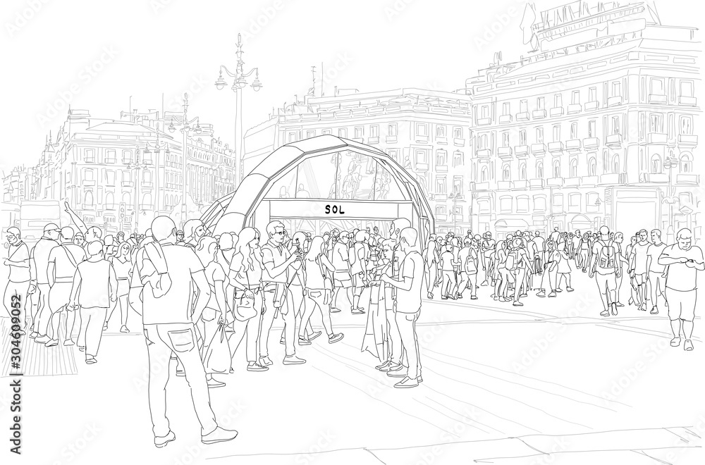Fototapeta premium Hand drawn illustration. Madrid, Spain, at the subway in famous Plaza Del Sol, people gather. Black and white.