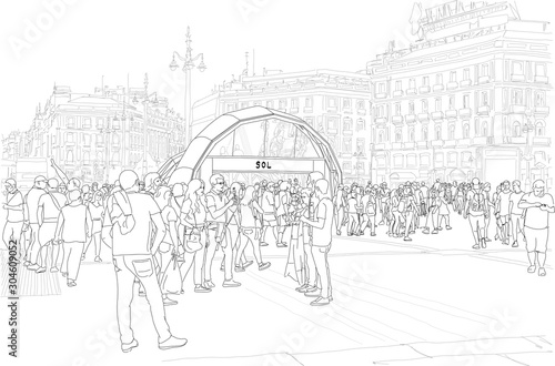 Hand drawn illustration. Madrid, Spain, at the subway in famous Plaza Del Sol, people gather. Black and white.