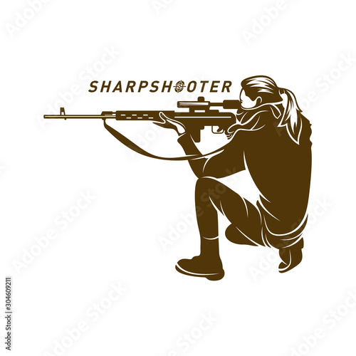 Sniper vector logo design concept style, Sharpshooter Style Concept logo Template, emblem and tshirt printing. sniper illustration for sport team.