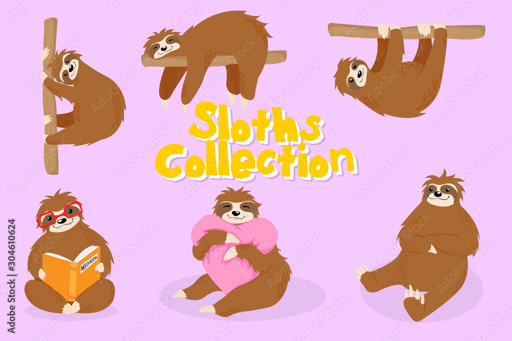 Fototapeta premium Cute little sloths in different poses collection isolated on pink background. Hand drawn illustration of sweet animal with book, hearts and on twigs. Little sloths kids vector illustration.