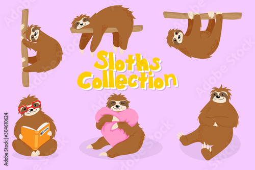 Cute little sloths in different poses collection isolated on pink background. Hand drawn illustration of sweet  animal with book, hearts and on twigs. Little sloths kids vector illustration.