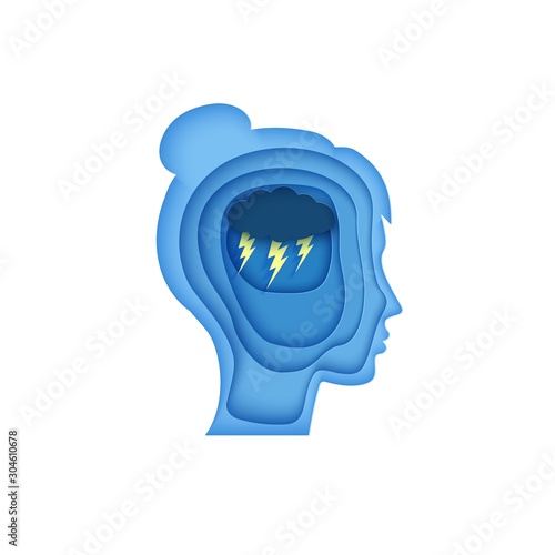 Woman brain silhouette head with cloud and lightning in paper cut style. . Wotld Mental health Day 10 October element concept. Psychology and psychiatry bad mood, OCD depressive state of mind, anger