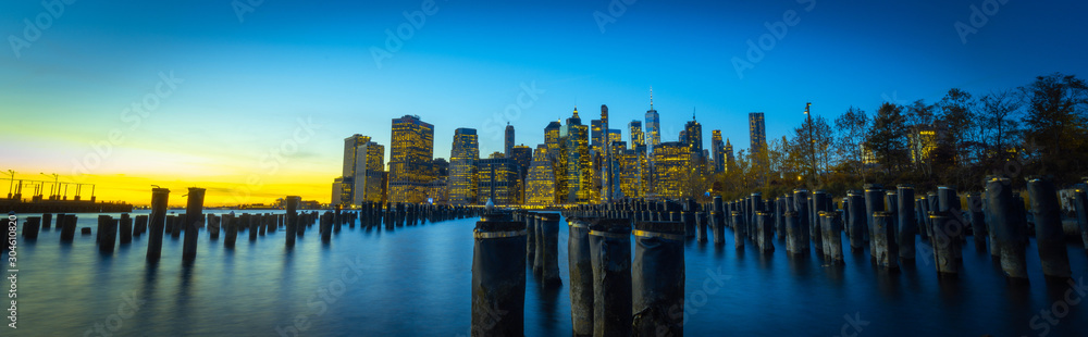 views city new york buildings sea yellow lights