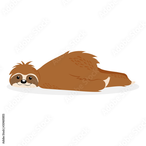 Cute lazy smiling sloth bear lying down. Hand drawn vector illustration of little sloth. Kawaii cartoon illustration of resting sloth. Relaxing concept