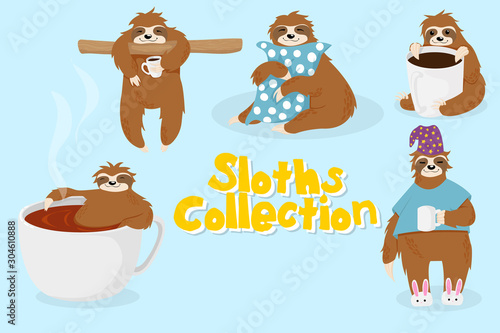 Cute vector little sloths with cup of coffee hand drawn illustration isolated on blue background. Collection of morning routine with lazy sleeping sloths. Kawaii scandinavian  childish arts.
