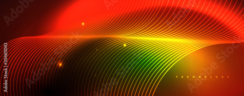 Shiny neon lines template - northern lights glowing blur lines. Futuristic style glow neon 80s disco club or night party techno template