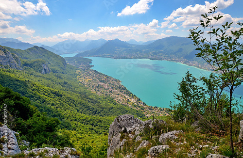 A panoramic view on the Lake Annecy from mont Veyrier to mont Baron hiking track  France