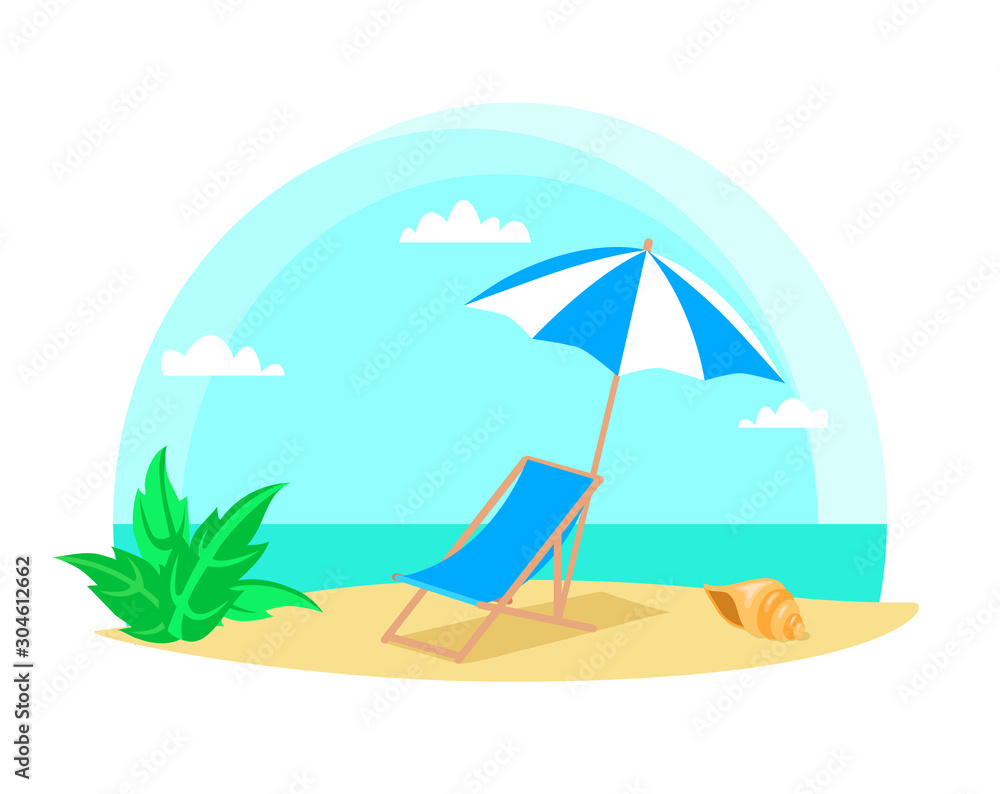Sun lounger and parasol on the beach. Vector illustration.