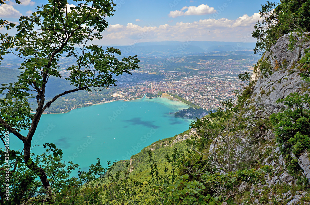 A panoramic view on the Lake Annecy from mont Veyrier to mont Baron hiking track, France