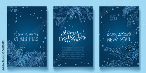 Blue Christmas tree branches and pine cones on a dark blue background, hand lettering.