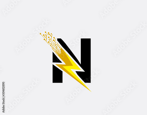 Flash N Letter Logo, Electrical Bolt Technology Logo Icon