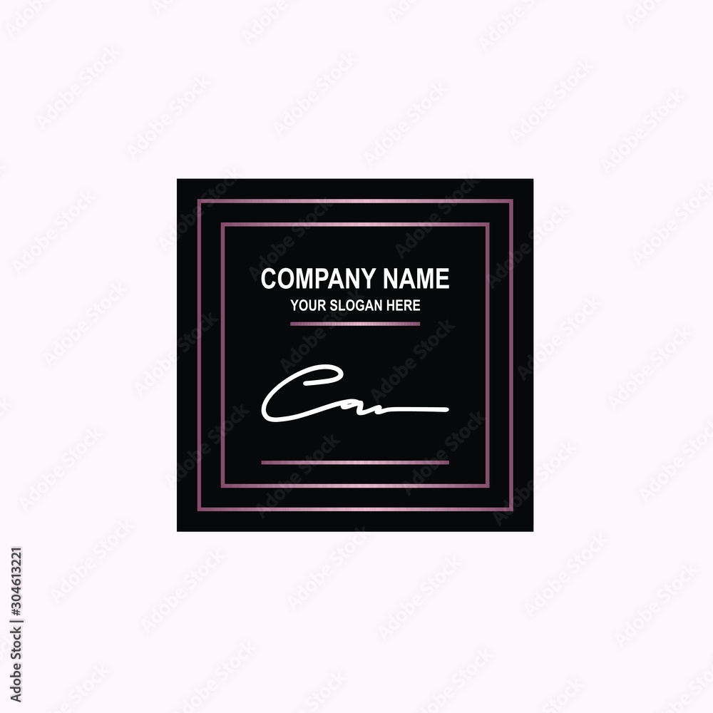 CA Initial signature logo is white, with a dark pink grid gradation line. with a black square background