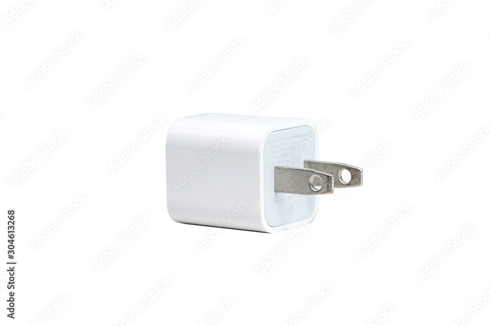 White USB port power plug put on side for smart phone or electronic equipments charging on white background. Clipping path White USB port power plug put on side for smart phone or electronic equipments charging on white background. Clipping path