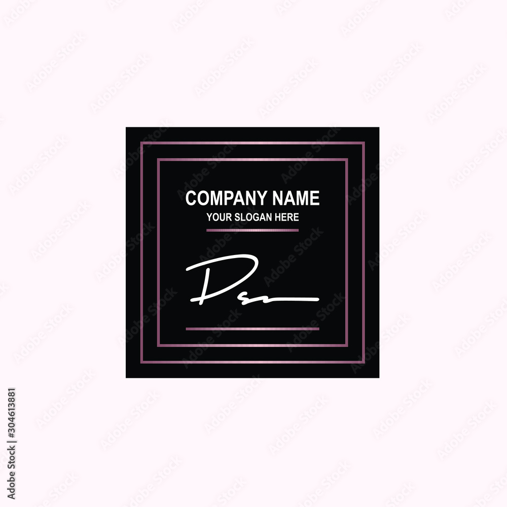 DS Initial signature logo is white, with a dark pink grid gradation line. with a black square background