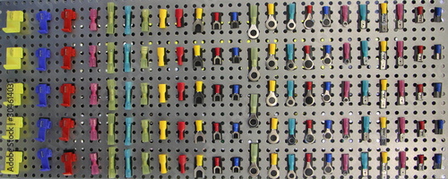 A many 12v colored clamp wire connection terminals   car electric equipment  texture for background