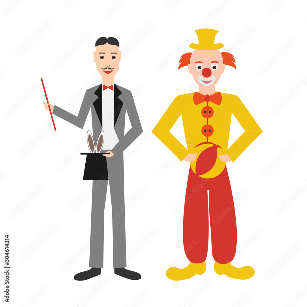 clown and a magician. Circus profession. People isolated on white background. Vector illustration. clown and a magician. Circus profession. People isolated on white background. Vector illustration.