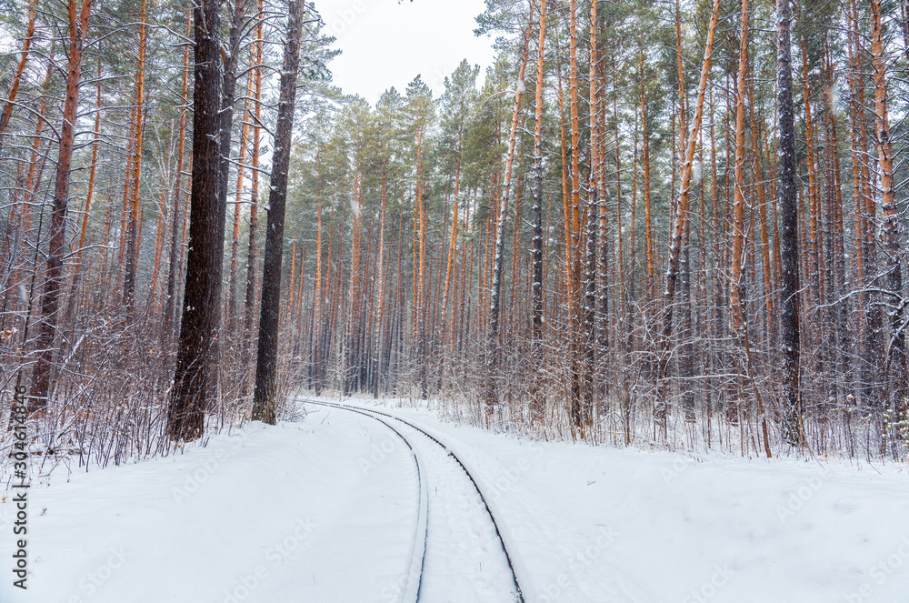 Railways through beautiful winter forest. Winter lanscape with heavy snowfall.