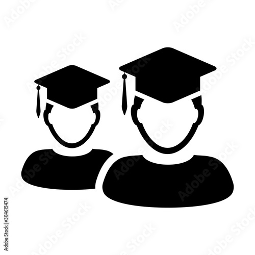 School icon vector male group of students person profile avatar with mortar board hat symbol for school, college and university graduation degree in flat color glyph pictogram illustration