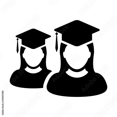Education icon vector female group of students person profile avatar with mortar board hat symbol for school, college and university graduation degree in flat color glyph pictogram illustration