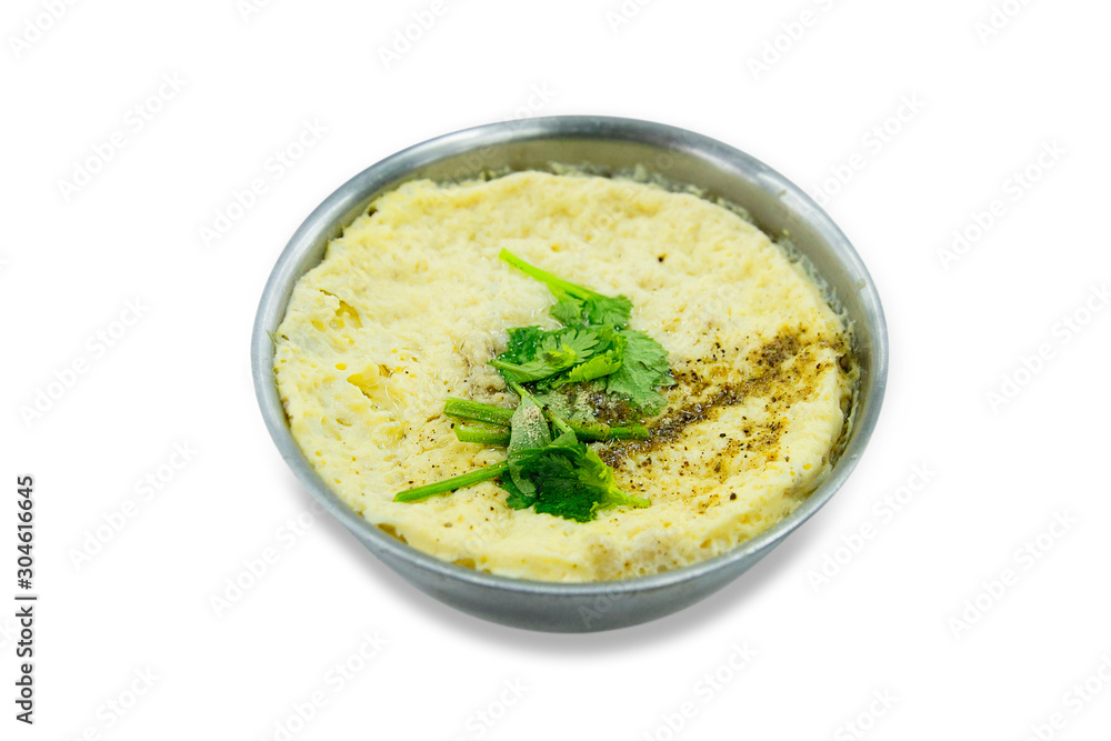 Steamed egg with celery on a stainless steel round bowl Steamed egg with celery on a stainless steel round bowl