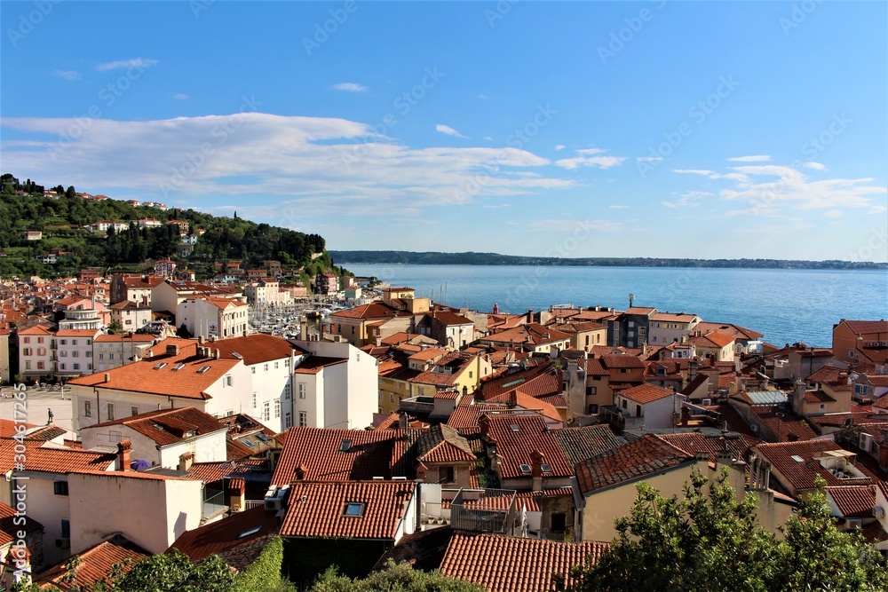 View to Piran old City Center. A beautiful adriatic slovenian town with old houses.