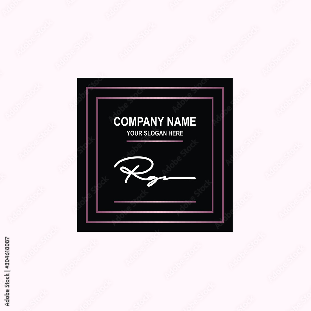 RG Initial signature logo is white, with a dark pink grid gradation line. with a black square background