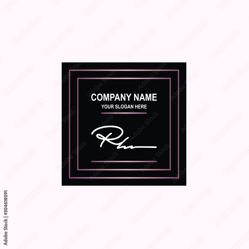 RH Initial signature logo is white, with a dark pink grid gradation line. with a black square background