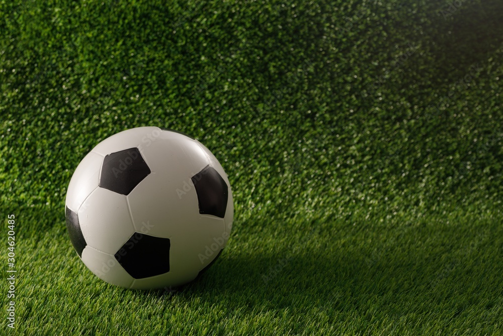 Soccer ball on the green field. The concept of football matches. Copy space. Close-up.