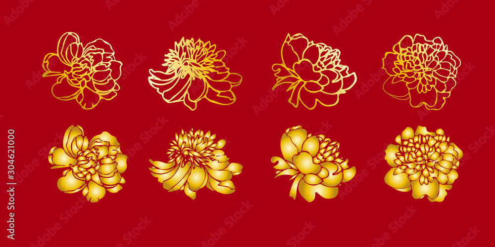 Gold peony flower set Gold peony flower set