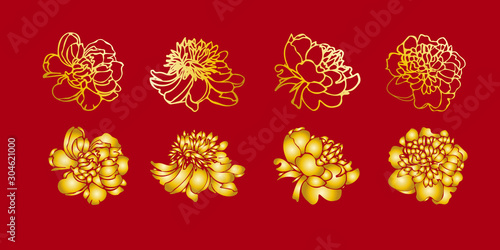 Gold peony flower set