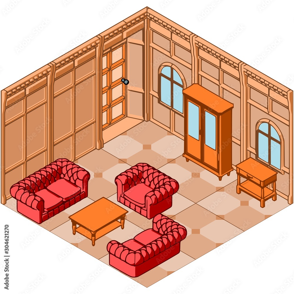 Isometric living room interior design with chesterfield sofa, table and ...