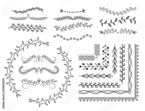 Line borders, doodle dividers design elements. Hand drawn decoration flowers leaves elements, sketch floral leaves ornamental divider border isolated doodle vector set