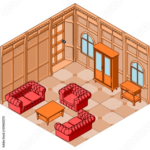 Isometric living room interior design with chesterfield sofa, table and glass cabinet isolated vector illustration