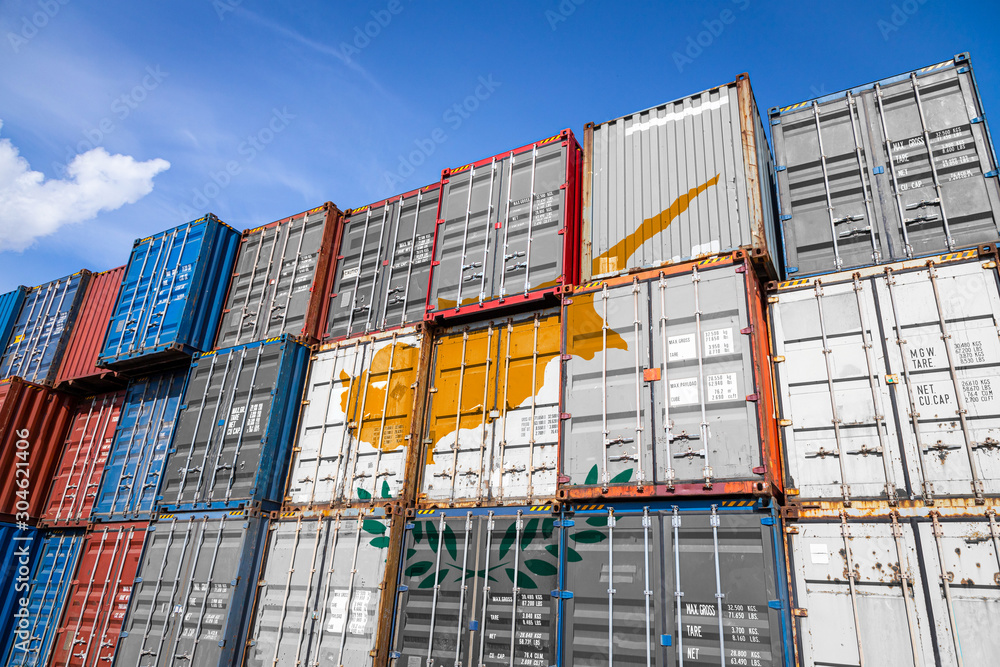 The national flag of Cyprus on a large number of metal containers for