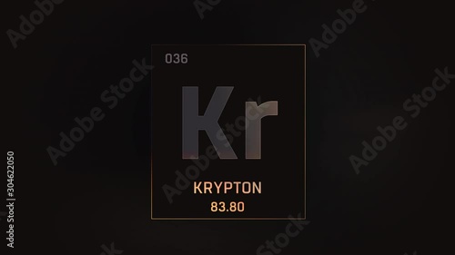 Krypton as Element 36 of the Periodic Table. Seamlessly looping 3D animation on grey illuminated atom design background with orbiting electrons. Design shows name, atomic weight and element number photo