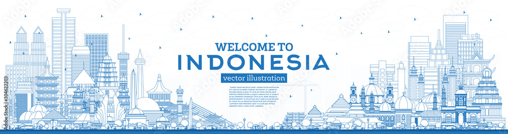 Obraz premium Outline Welcome to Indonesia Skyline with Blue Buildings.